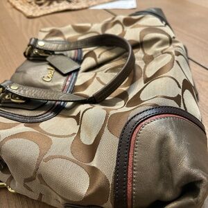 Coach Brown and Tan Signature Tote with Red Trim